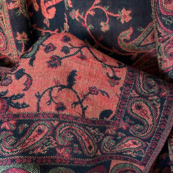 Floral Paisley Silk Pashmina Shawl Reversible Scarf Red Black Boho Maximalism - Picture 13 of 15